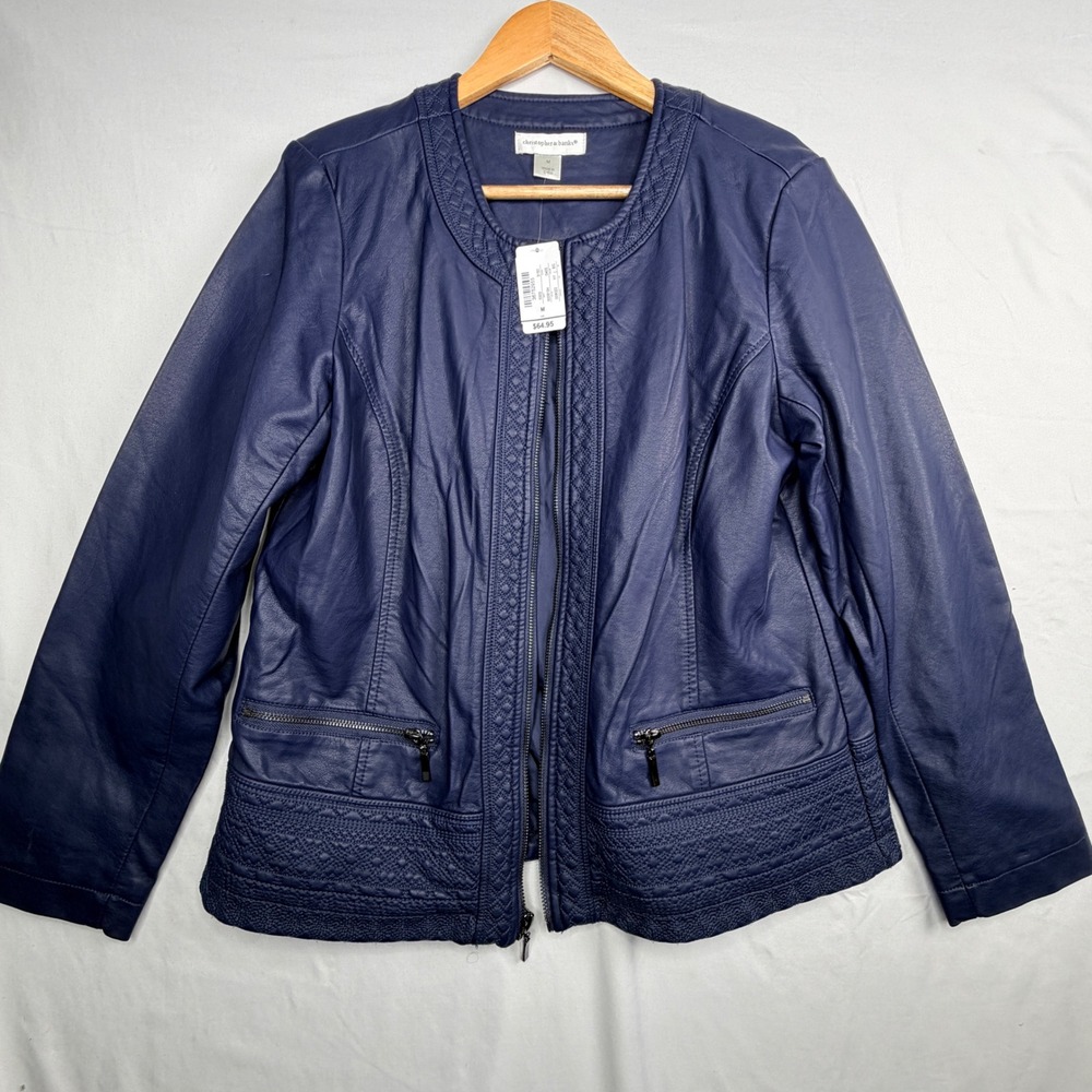 Christopher & Banks Navy Blue Faux Leather Embroidered Zip Jacket Womens Medium